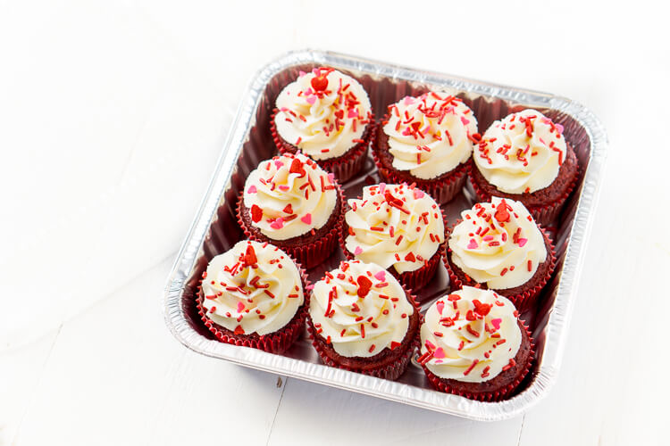 9 Red Velvet Cupcakes in a disposable aluminum tin