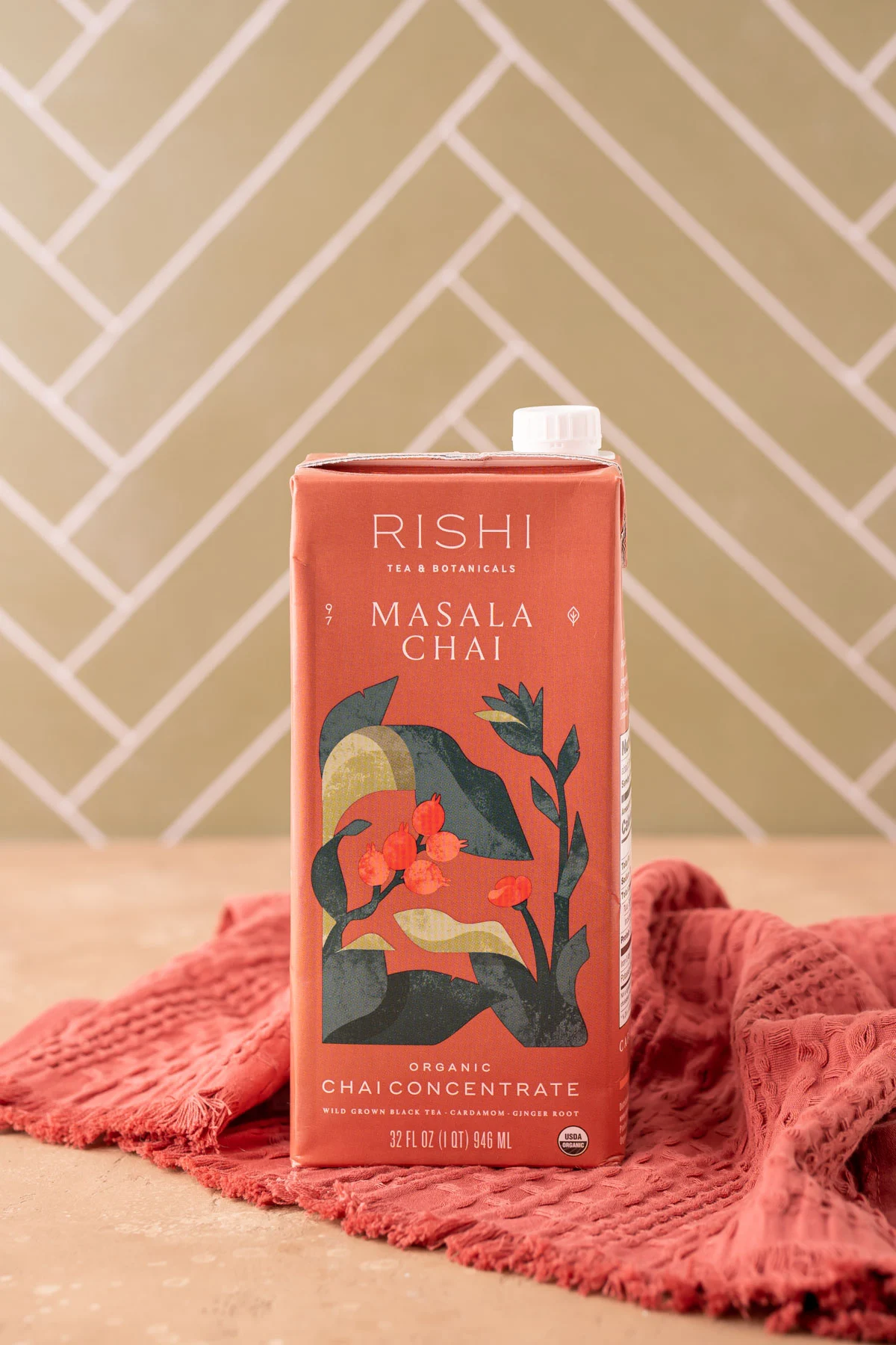 A box of chai concentrate on a table.