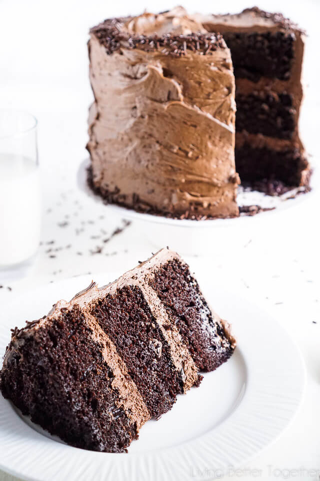 This Black Magic Chocolate Cake is three layers of moist chocolate cake wrapped in The Best Chocolate Buttercream makes this one decadent dessert!