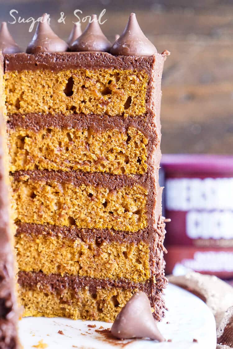 This Chocolate Pumpkin Cake is the ultimate pumpkin and chocolate combo for fall! Five layers of sweet and fluffy pumpkin cake wrapped in a whipped chocolate buttercream frosting!