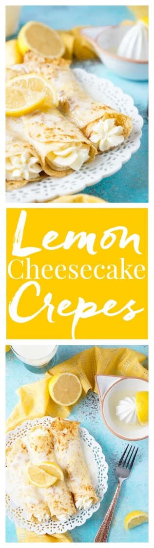 These Lemon Cheesecake Crepes are a rich and vibrantly flavored brunch! Make the batter up ahead of time in the blender and keep it in the fridge until you're ready to use, then you're just 20 minutes away from a plate of lemon heaven!