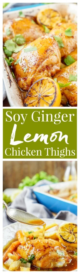 These Lemon Ginger Soy Chicken Thighs are slow roasted, tender, and bursting with flavor! The chicken thighs are basted throughout the roasting process with a simple sauce made with lemon, soy sauce, honey, and ginger. Roasted over a dish of bok choy and carrots, this dish is filled with Asian influence!