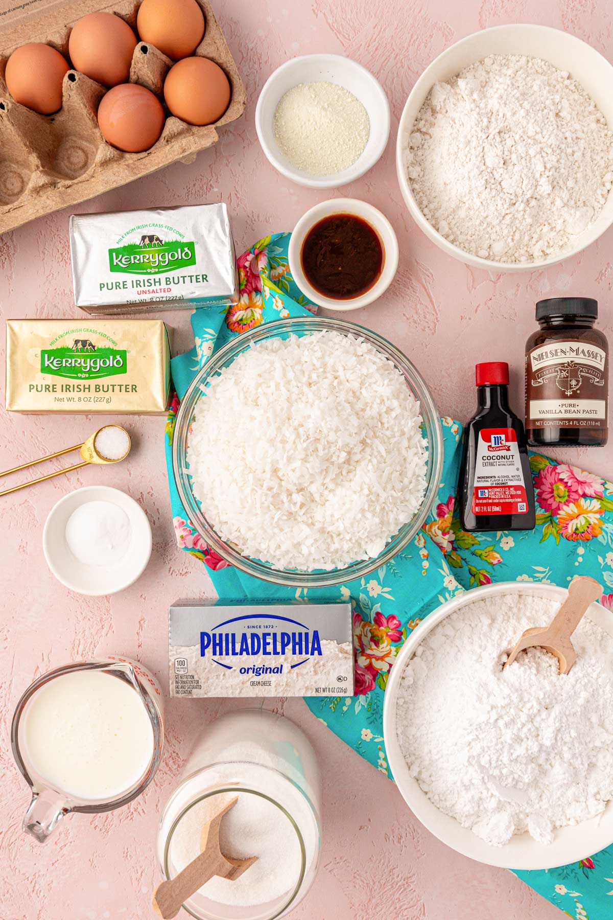 Overhead photo of ingredients used to make coconut cake.