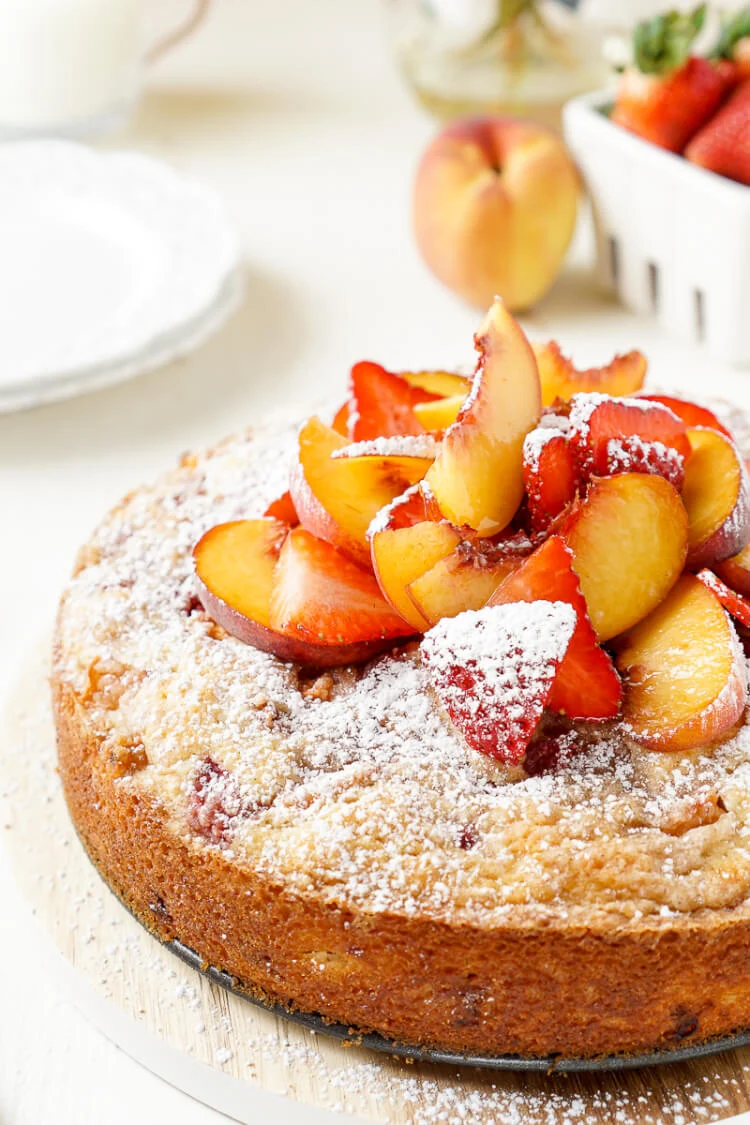 This Strawberry & Peach Coffee Cake is a mix of ripe fruit and sweet cake that's sure to add a pop of flavor to the breakfast table!
