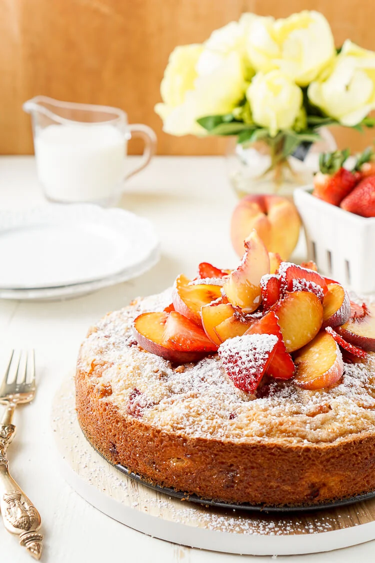 This Strawberry & Peach Coffee Cake is a mix of ripe fruit and sweet cake that's sure to add a pop of flavor to the breakfast table!