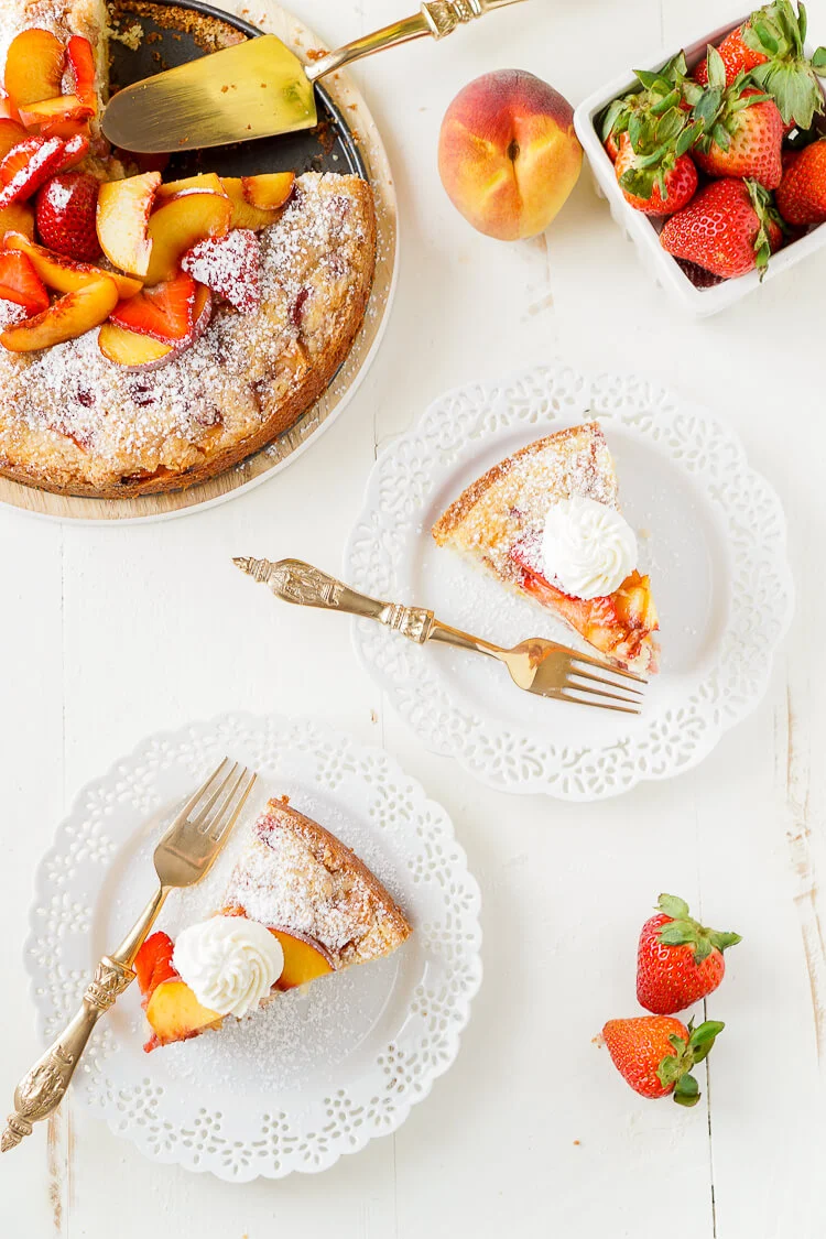 This Strawberry & Peach Coffee Cake is a mix of ripe fruit and sweet cake that's sure to add a pop of flavor to the breakfast table!