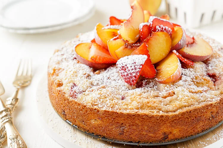 This Strawberry & Peach Coffee Cake is a mix of ripe fruit and sweet cake that's sure to add a pop of flavor to the breakfast table!