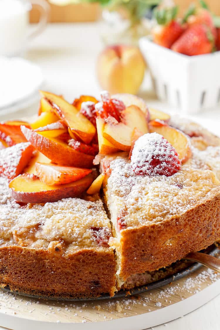 This Strawberry & Peach Coffee Cake is a mix of ripe fruit and sweet cake that's sure to add a pop of flavor to the breakfast table!
