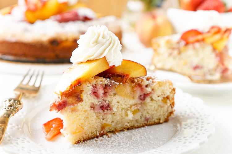 This Strawberry & Peach Coffee Cake is a mix of ripe fruit and sweet cake that's sure to add a pop of flavor to the breakfast table!