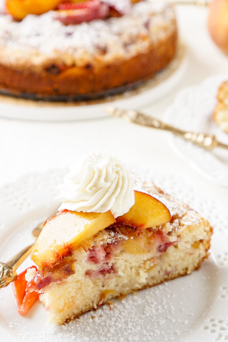 This Strawberry & Peach Coffee Cake is a mix of ripe fruit and sweet cake that's sure to add a pop of flavor to the breakfast table!