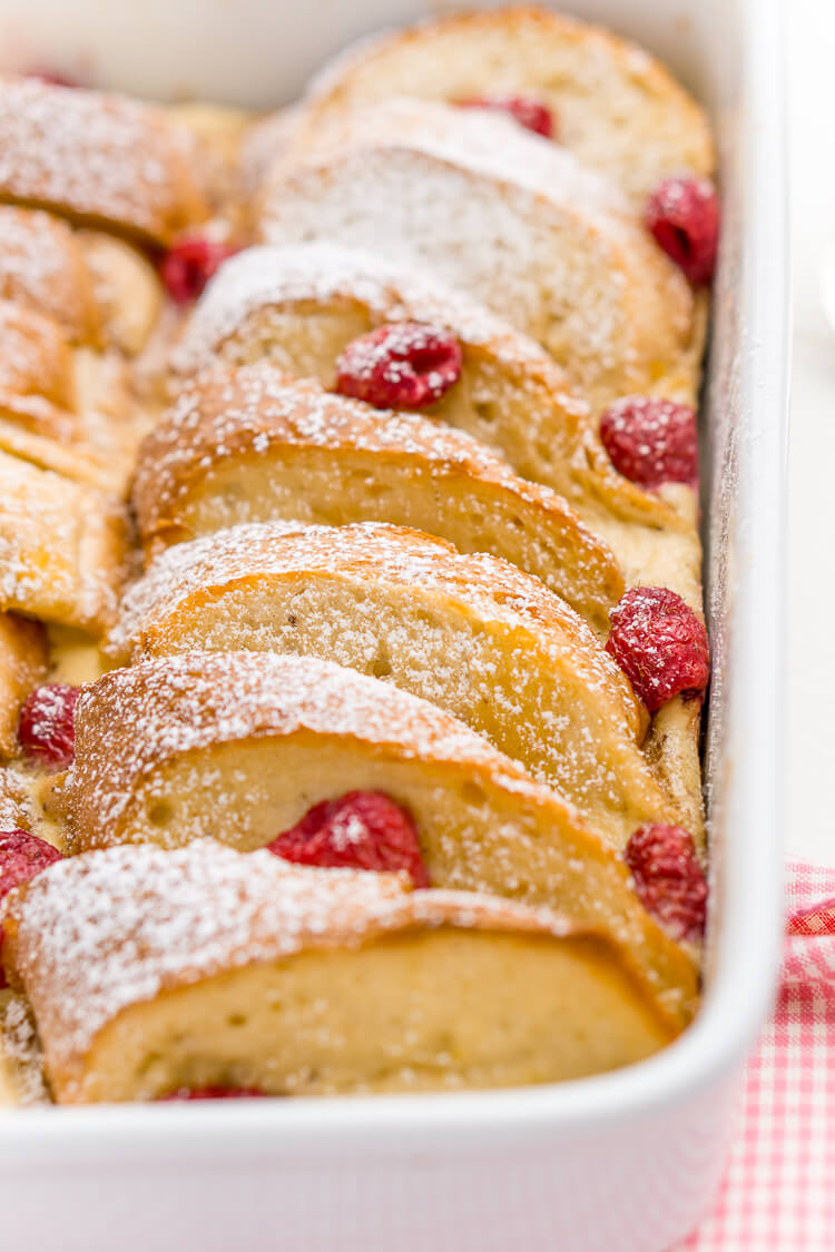 Champagne Raspberry Baked French Toast is the perfect way to kick off the New Year, Valentine's Day, or an anniversary! Prep it the night before so all you have to do is bake it in the morning!