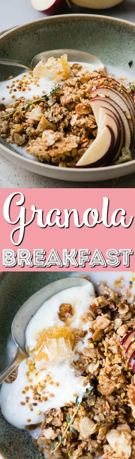 Warm Granola Breakfast Bowl is the perfect cozy start to any morning. Healthy oats, sweet, natural maple syrup and toasted almonds and coconut. These are the winter equivalent of a warm hug on a cold day.