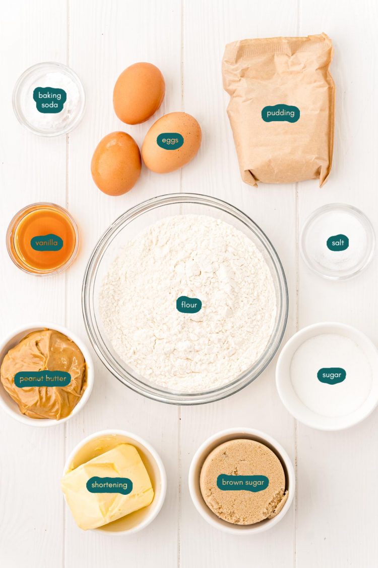 Overhead photo of ingredients prepped to make peanut butter cookies.