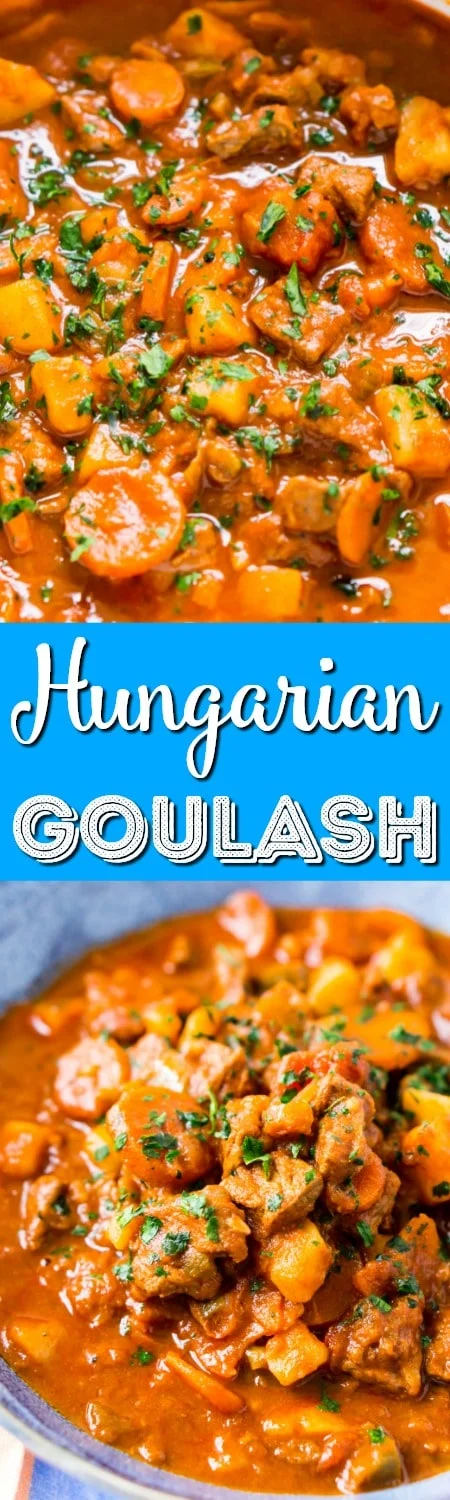 This Hungarian Goulash recipe is a rich and hearty dinner loaded with beef, carrots, potatoes, sweet paprika, and more. An easy stew recipe that reheats well and tastes delicious!