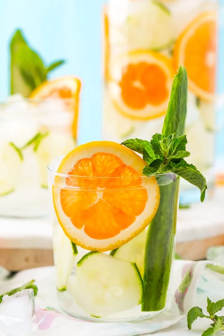This Cucumber Water is perfect for those who love infused waters. This spa water is laced with the natural flavors of zesty oranges, cool mint, and calming cucumbers.