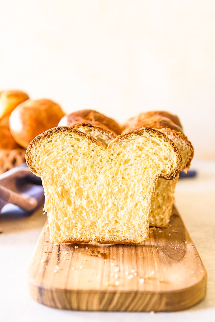 Slices of Brioche on cutting board