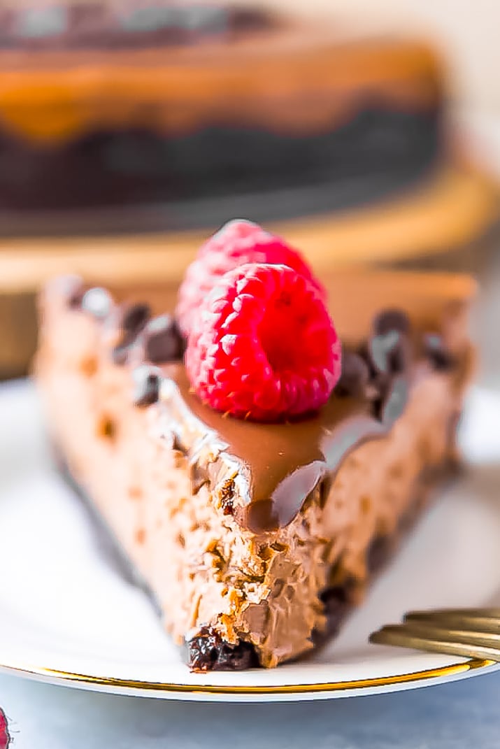 This is without a doubt the best triple chocolate cheesecake recipe you'll ever eat! Silky-smooth, creamy chocolate cheesecake is nestled in a chocolate cookie base, then garnished with a perfect dark chocolate ganache and a sprinkle of chocolate chips - whipped cream optional!