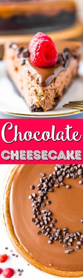 This is without a doubt the best triple chocolate cheesecake recipe you'll ever eat! Silky-smooth, creamy chocolate cheesecake is nestled in a chocolate cookie base, then garnished with a perfect dark chocolate ganache and a sprinkle of chocolate chips - whipped cream optional!