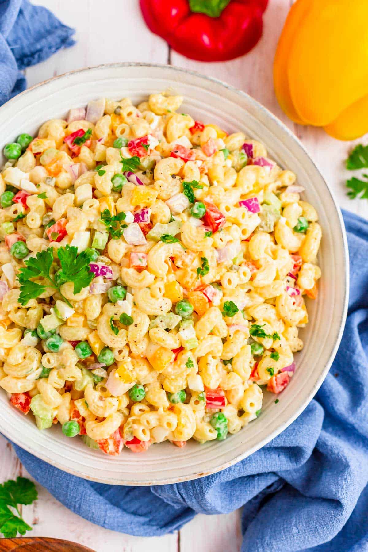 Overhead photo of a bowl of macaroni salad.