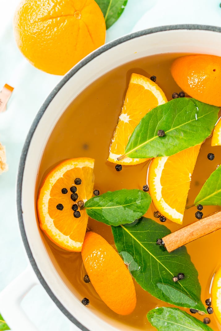 This Turkey Brine recipe made with salt, oranges, bay leaves, cinnamon, brown sugar, and black pepper will add moisture, tenderness, and flavor to your turkey. Brine turkey for 12 to 24 hours for the most amazing turkey for your holiday gathering!