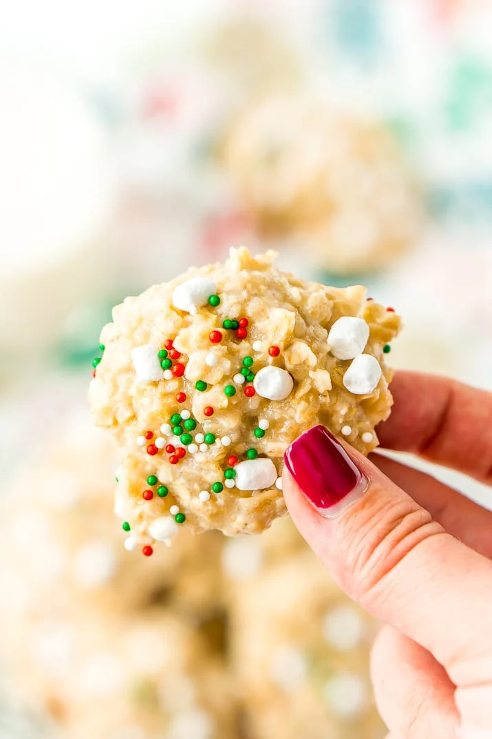 Woman's hand holding a white hot chocolate no bake cookie.