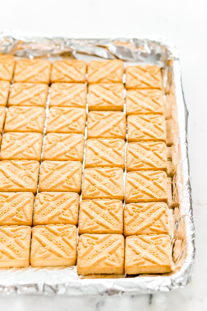 Shortbread cookies on a foil lined pan.