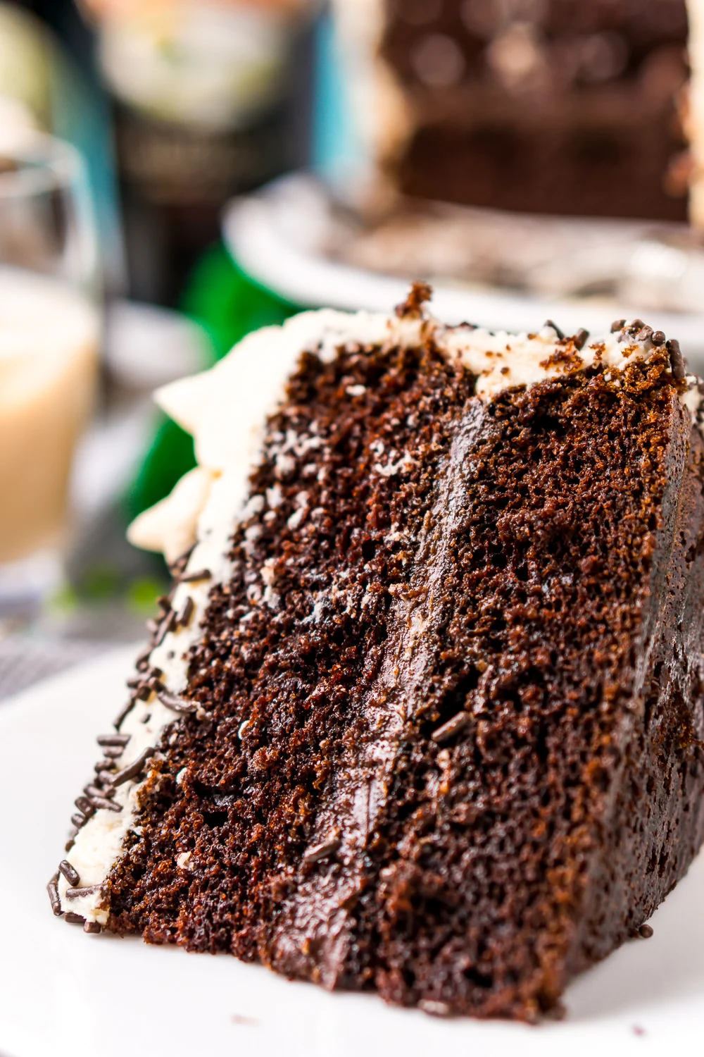This Chocolate Guinness Cake is made with a rich and tender chocolate cake laced with smooth stout with a chocolate ganache filling and a decadent Irish Cream Frosting!