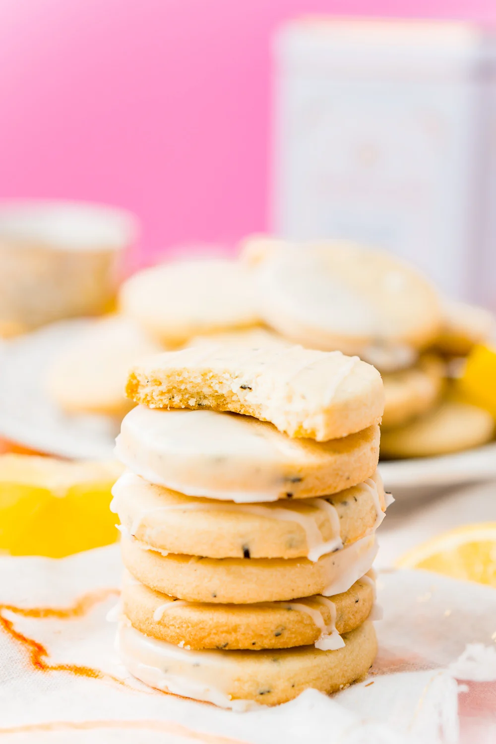 Stack of Earl Grey Cookies, the top cookie has a bit taken out of it.