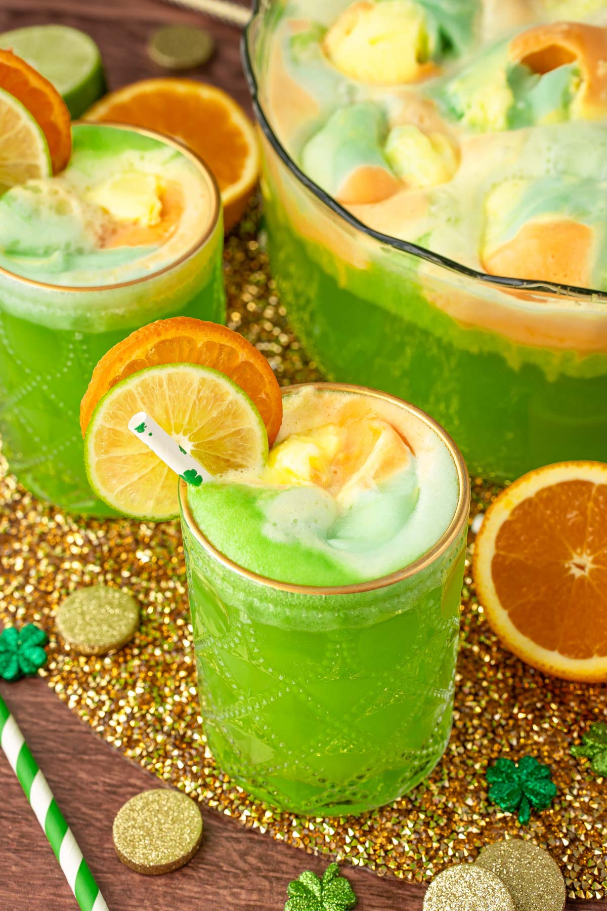 Close up of a glass of green St. Patrick's Day Punch.