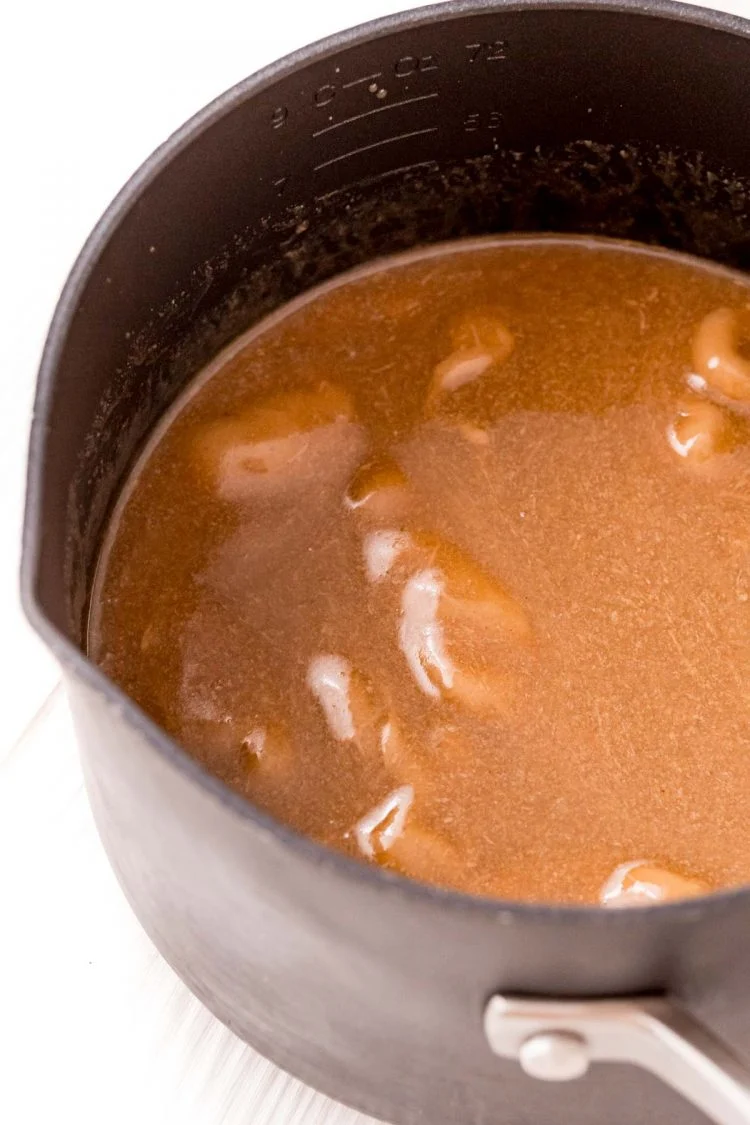Melted peanut butter, brown sugar, and butter in a saucepan.