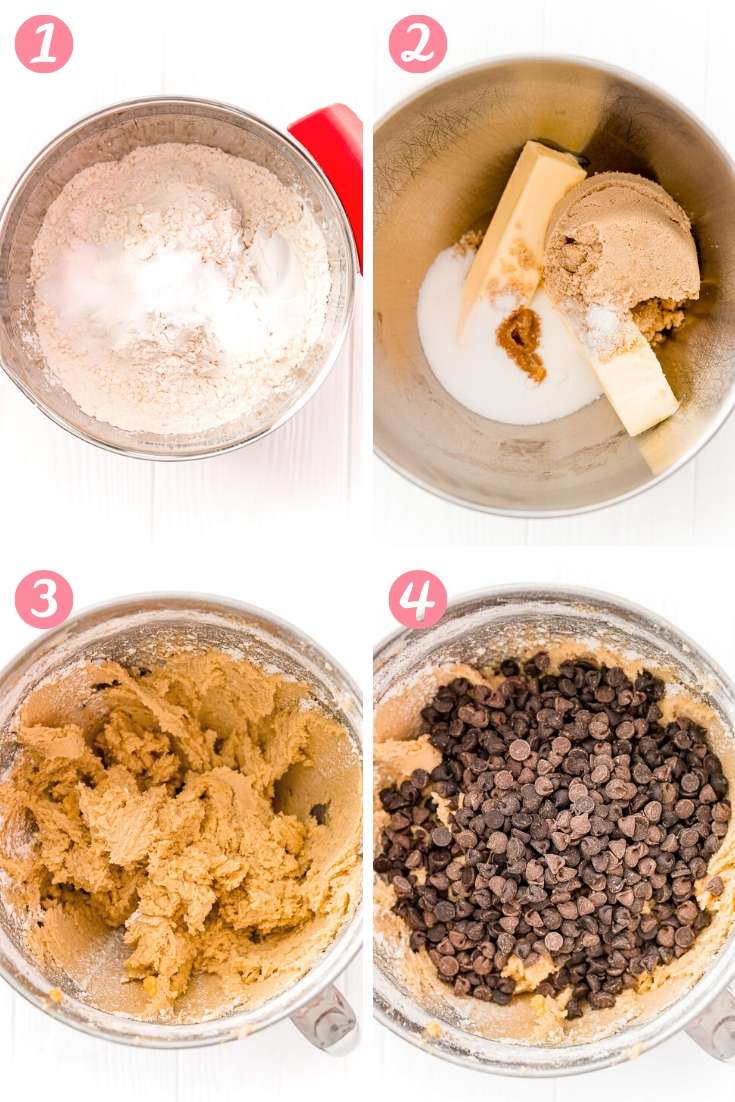 step-by-step photo collage showing how to make chocolate chip pan cookies.