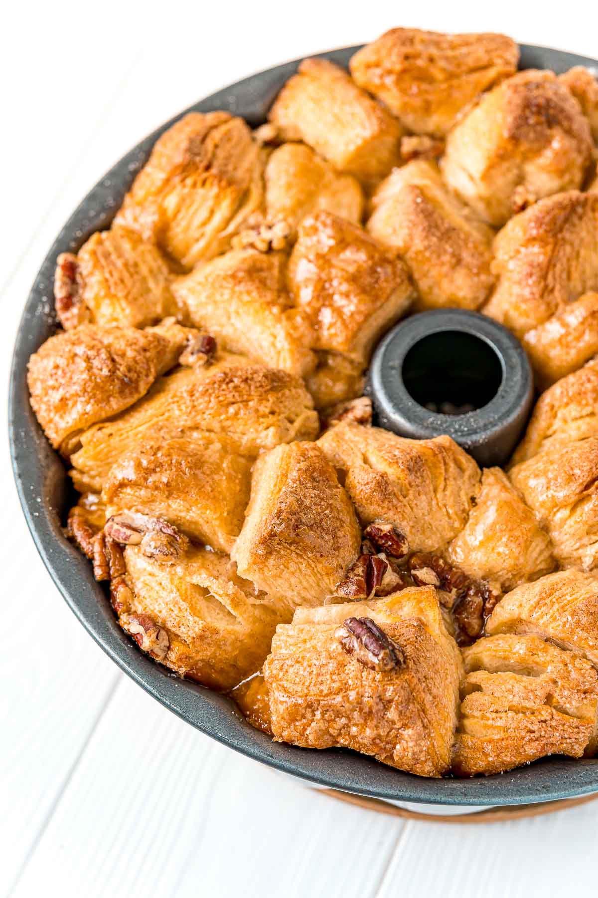 Monkey bread fully baked in the pan and ready to be flipped.