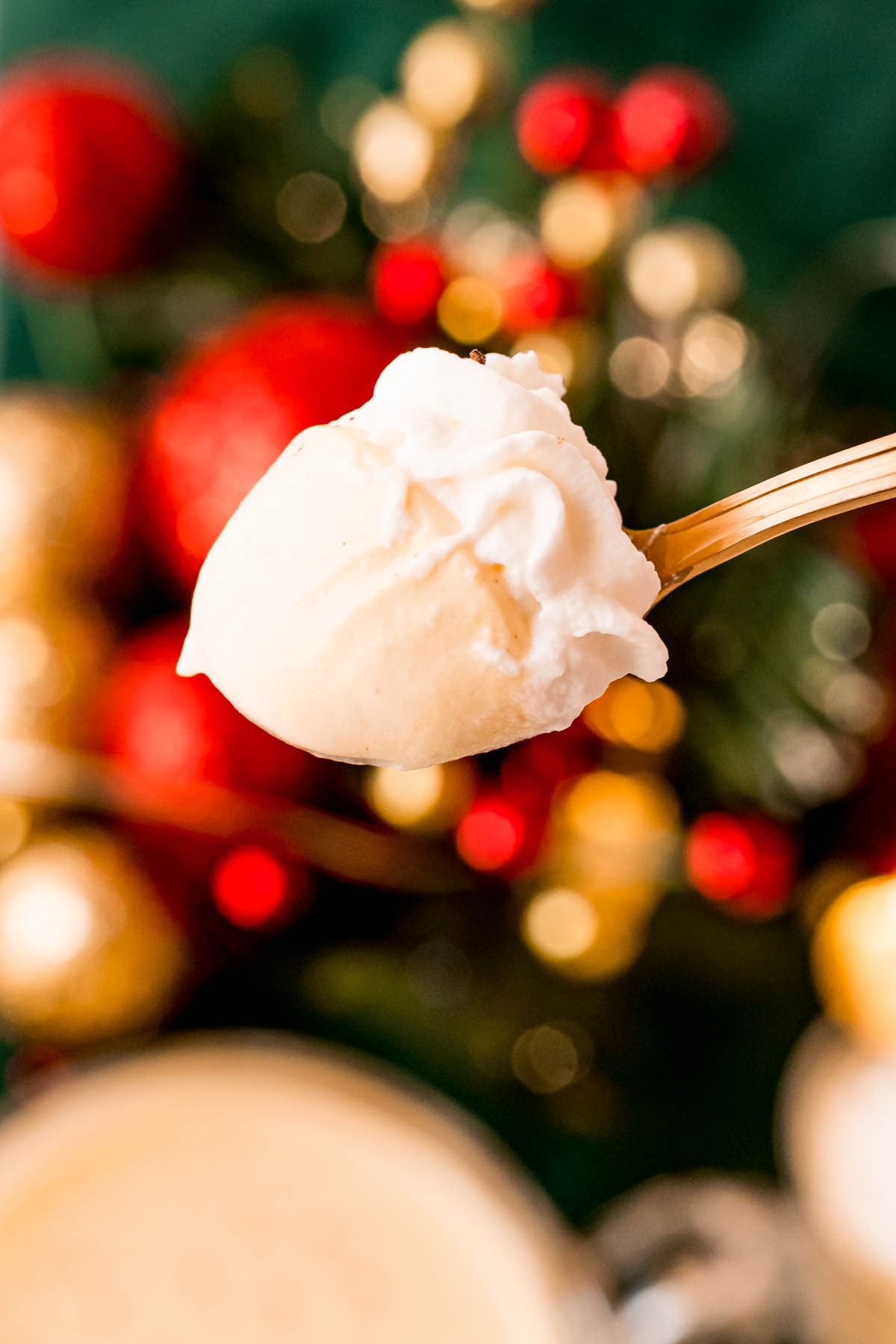 A spoonful of eggnog pudding shot.