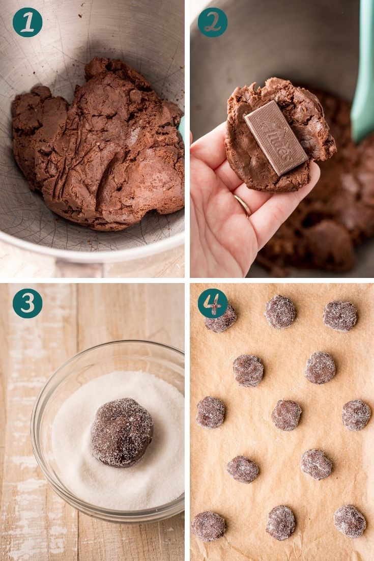 Step-by-step photo collage showing how to make mint chocolate cookies stuffed with Andes mints.