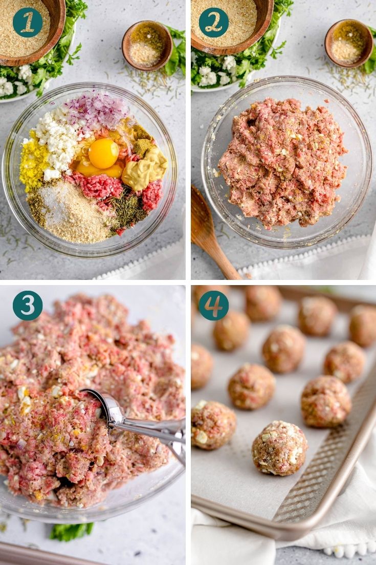 Step-by-step photo collage showing how to make Greek meatballs.