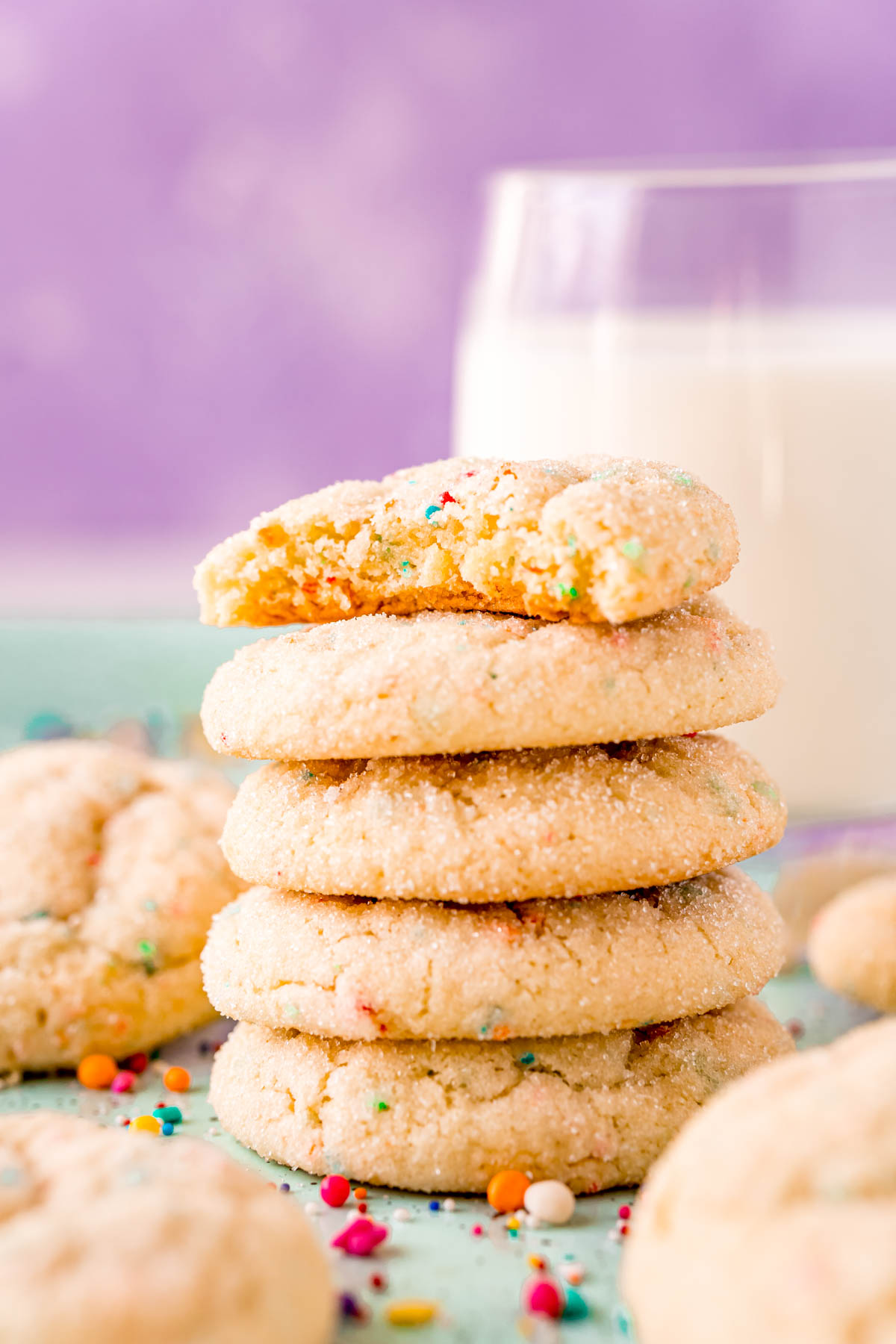 Close up photo of a stack of funfetti cake mix cookies.