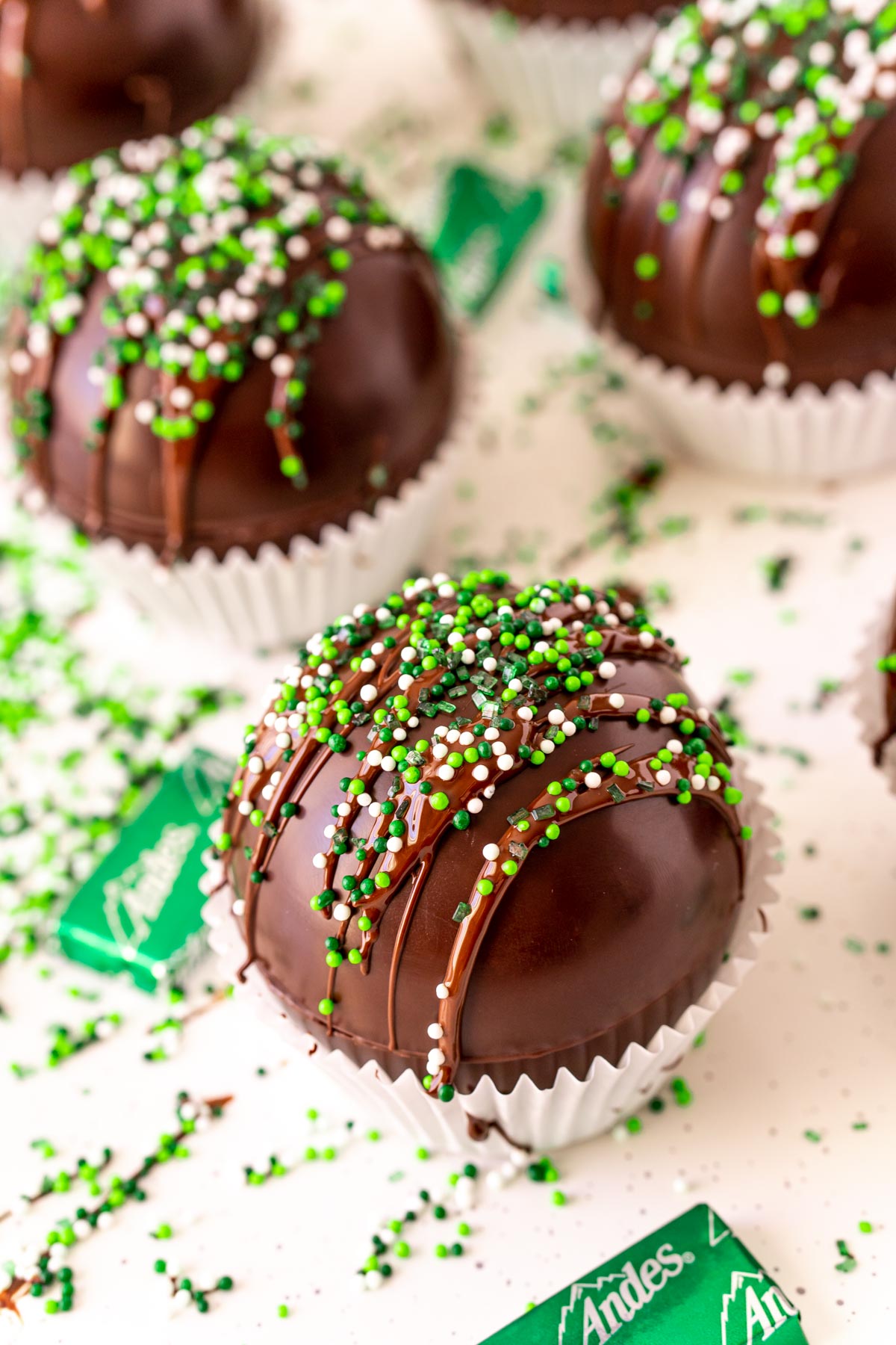 Close up photo of Mint Hot Chocolate Bombs.