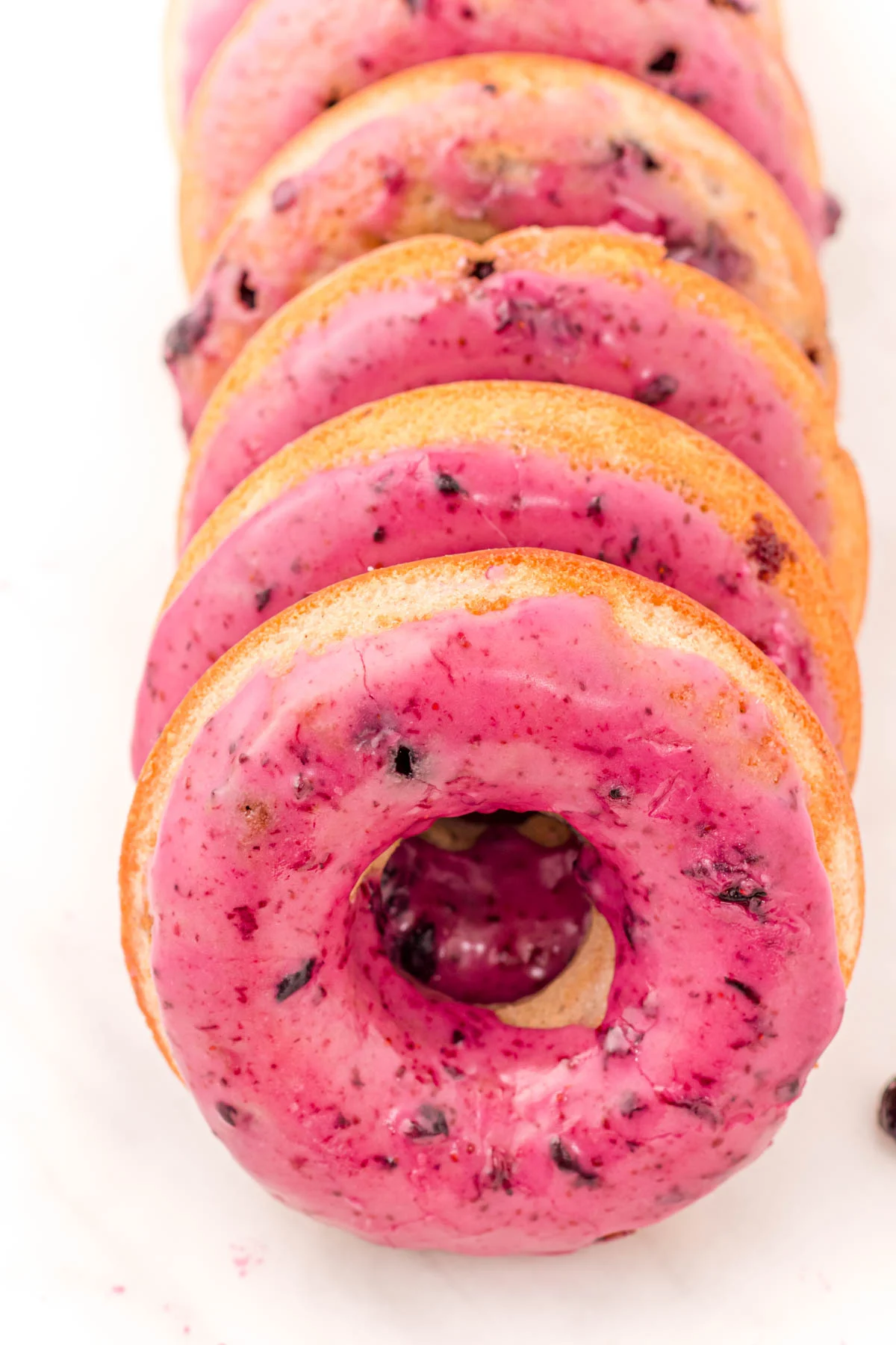 Close up photo of blueberry donuts in a row on a white counter top.