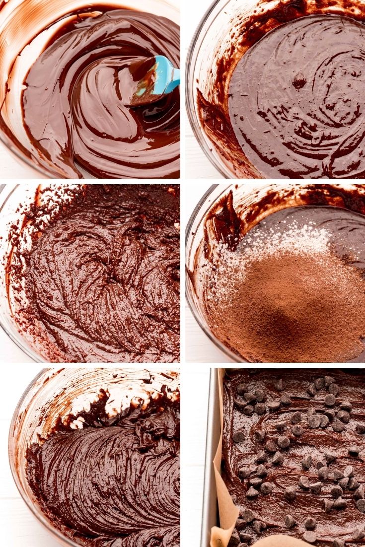 A photo collage showing how to make flourless chocolate brownies.