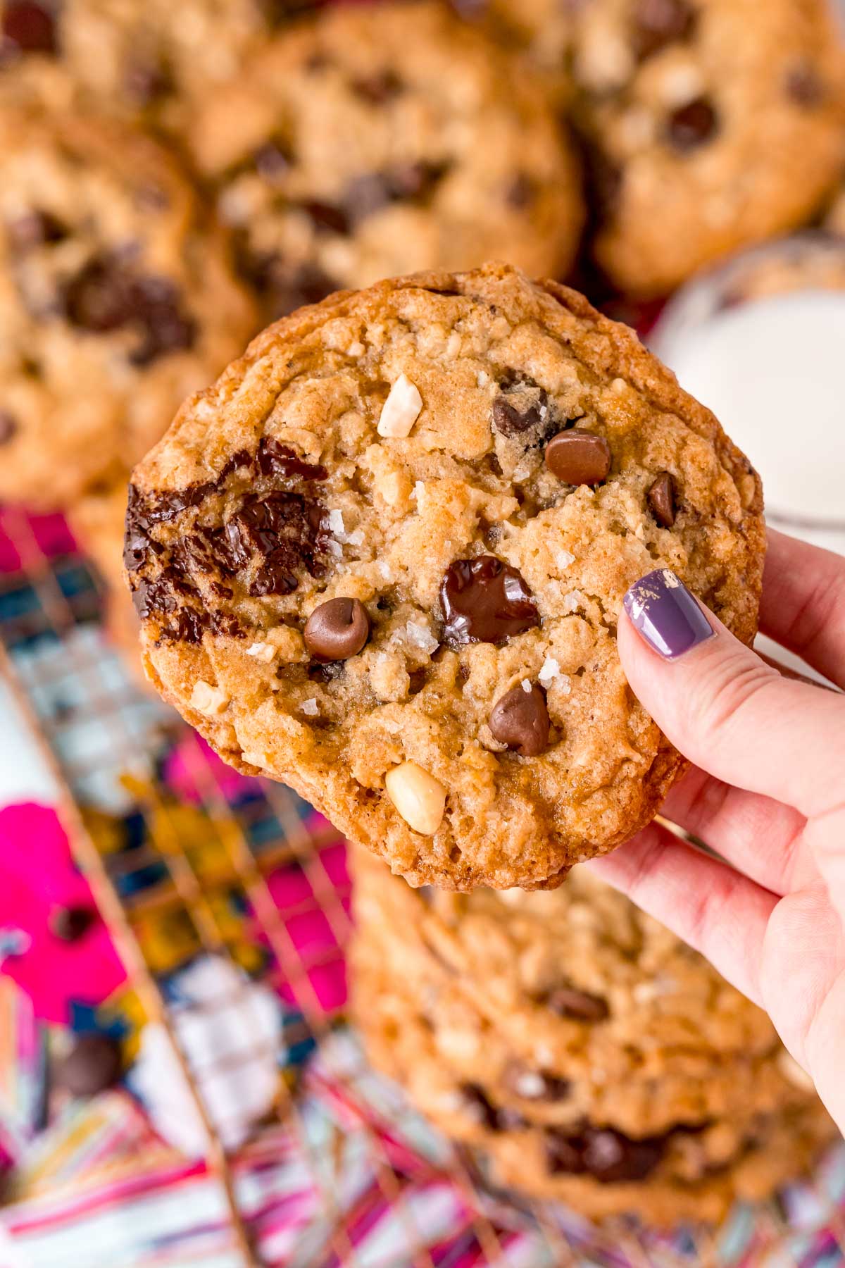 A woman's hand holding a Ranger Cookie to the camera.