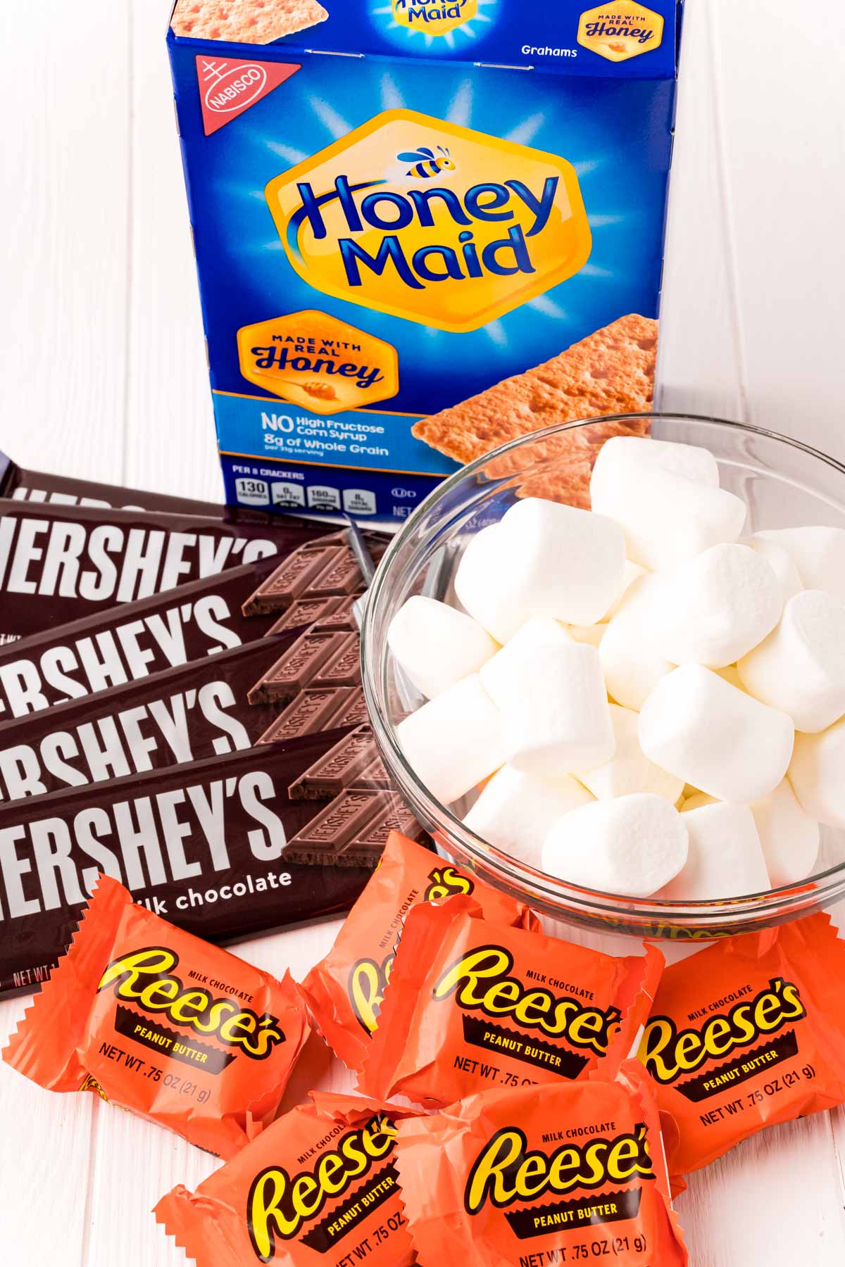 Close up photo of ingredients to make smores in the air fryer.
